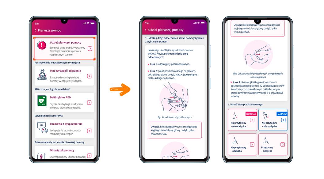 Zrzuty z aplikacji z funkcjonalnością Pierwsza pomoc