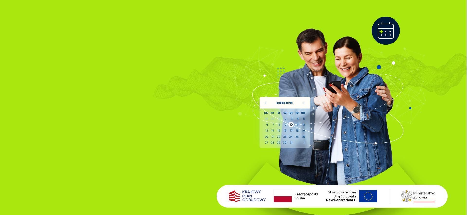 Grafika promująca Centralną e-Rejestrację, logo KPO, Flaga i napis Rzeczpospolita Polska, Flaga UE i napis Sfinansowane przez Unię Europejską NextGenerationEU, logo Ministerstwa Zdrowia