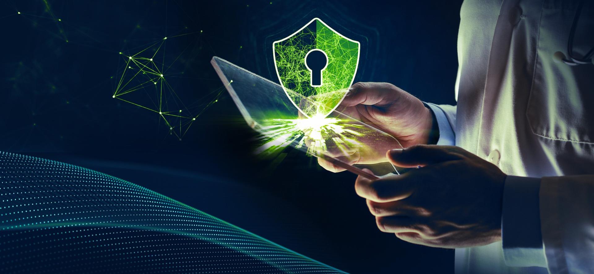 osoba w kitlu trzyma tablet, a z niego wyłania się cyfrowa tarcza