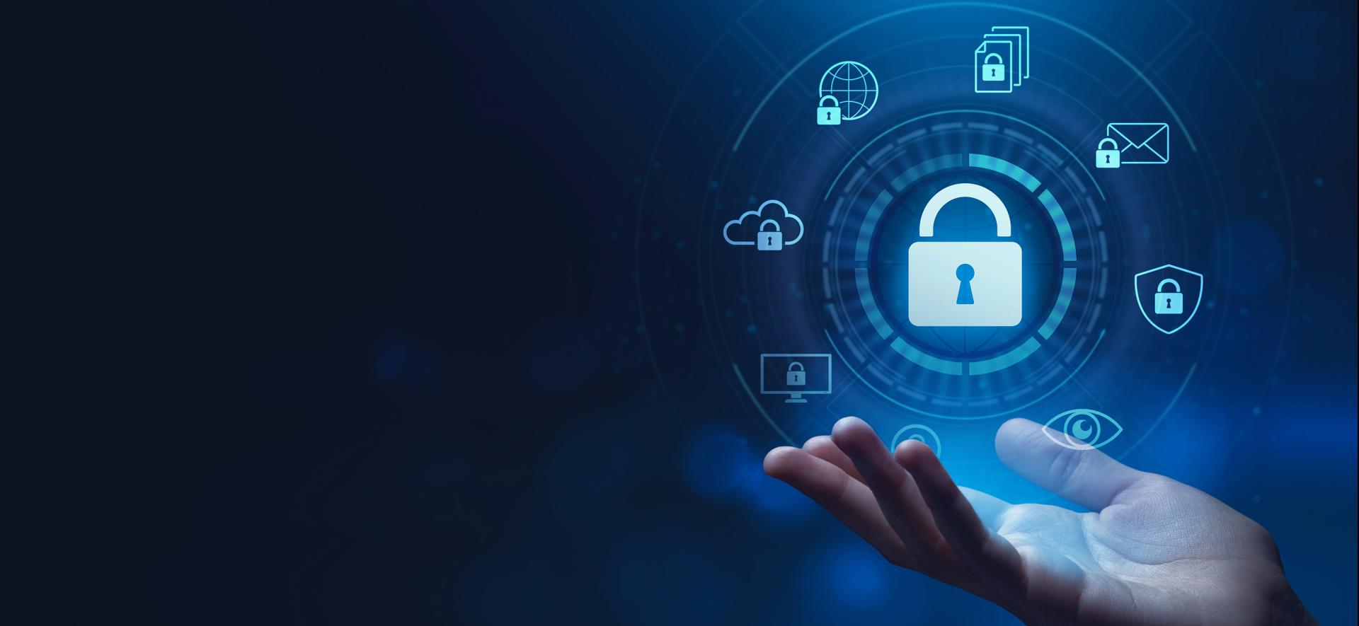 kłódka i ikony lewitujące nad dłonią