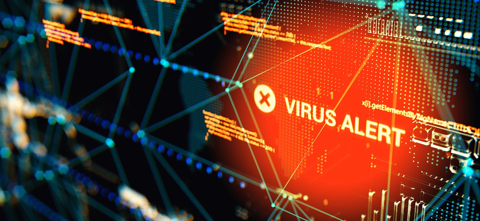 napisy i na pierwszym planie napis Virus Alert podświetlony na czerwono