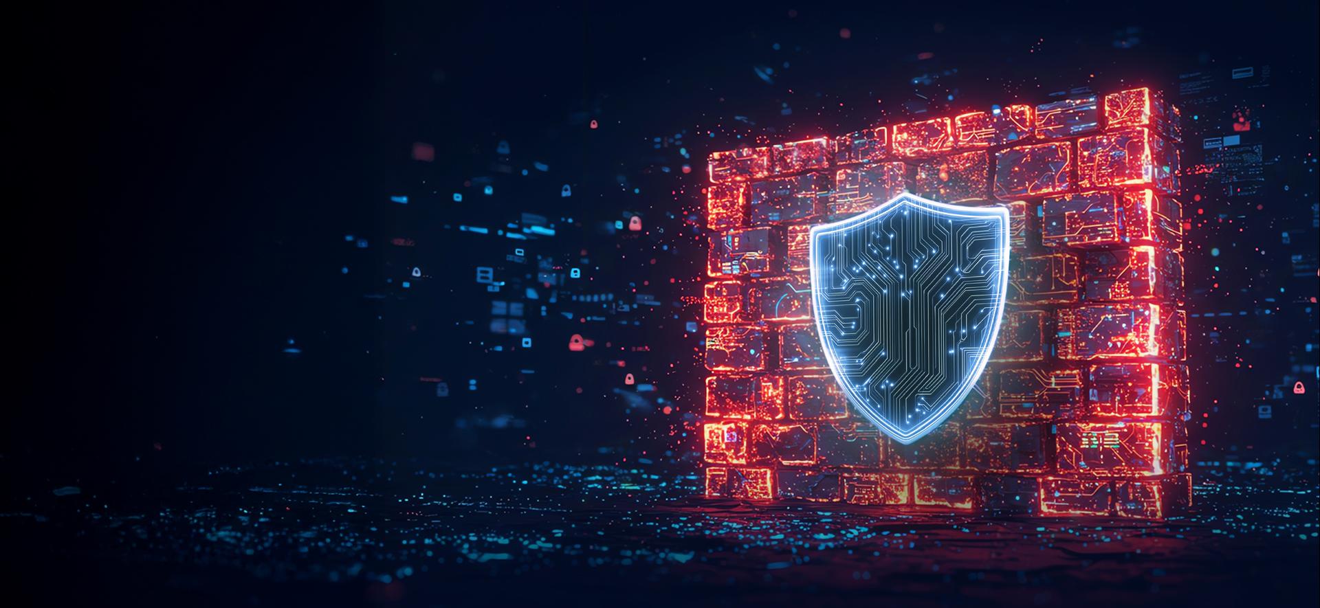 cyfrowa, niebieska tarcza na tle pomarańczowej cyfrowej ściany