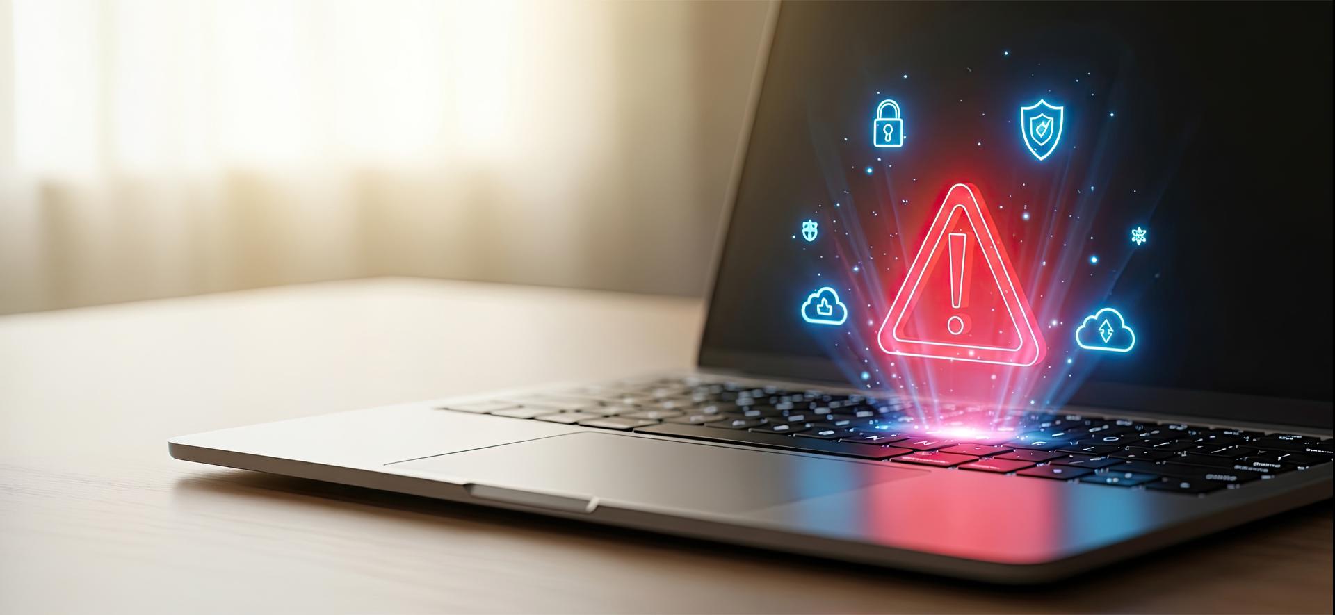 czerwony trójkąt z wykrzyknikiem unosi się nad klawiaturą laptopa