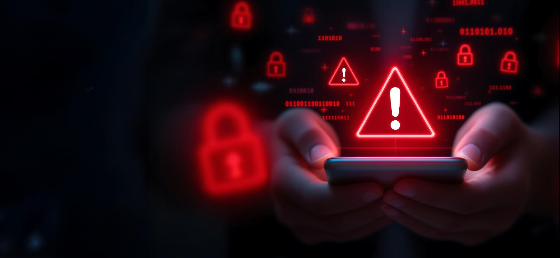 dłonie trzymają telefon nad którym unoszą się czerwone ikony trójkątów z wykrzyknikiem w środku