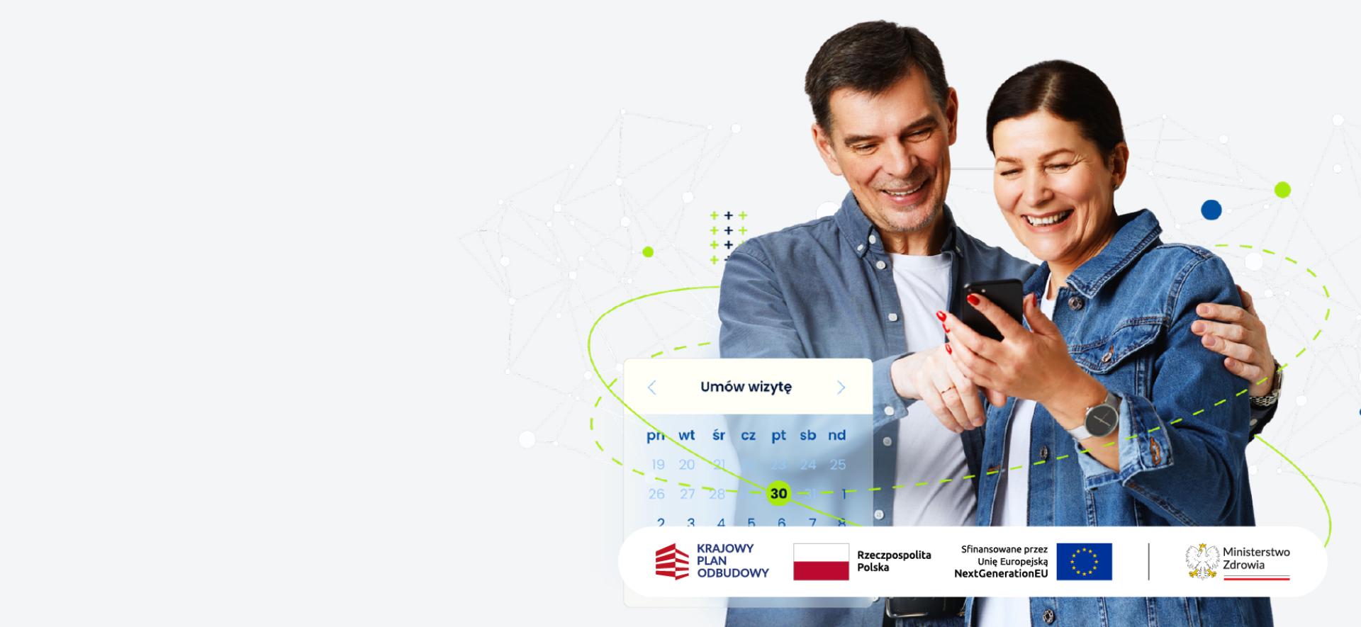 centralna e-rejestracja uśmiechająca się para ze smartfonem