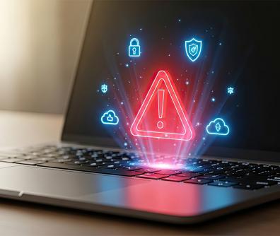 czerwony trójkąt z wykrzyknikiem unosi się nad klawiaturą laptopa