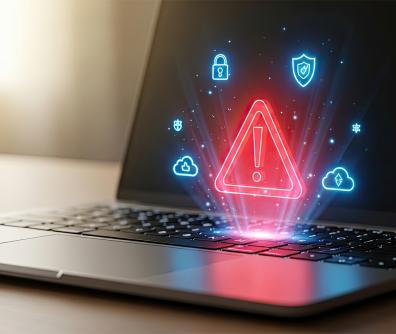 czerwony trójkąt z wykrzyknikiem unosi się nad klwiaturą komputera