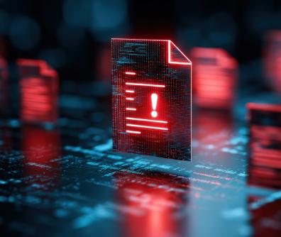 neonowa, czerwona ikona dokumentu z wykrzyknikiem na tle innych ikon dokumentów