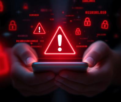 dłonie trzymają telefon nad którym unoszą się czerwone ikony trójkątów z wykrzyknikiem w środku