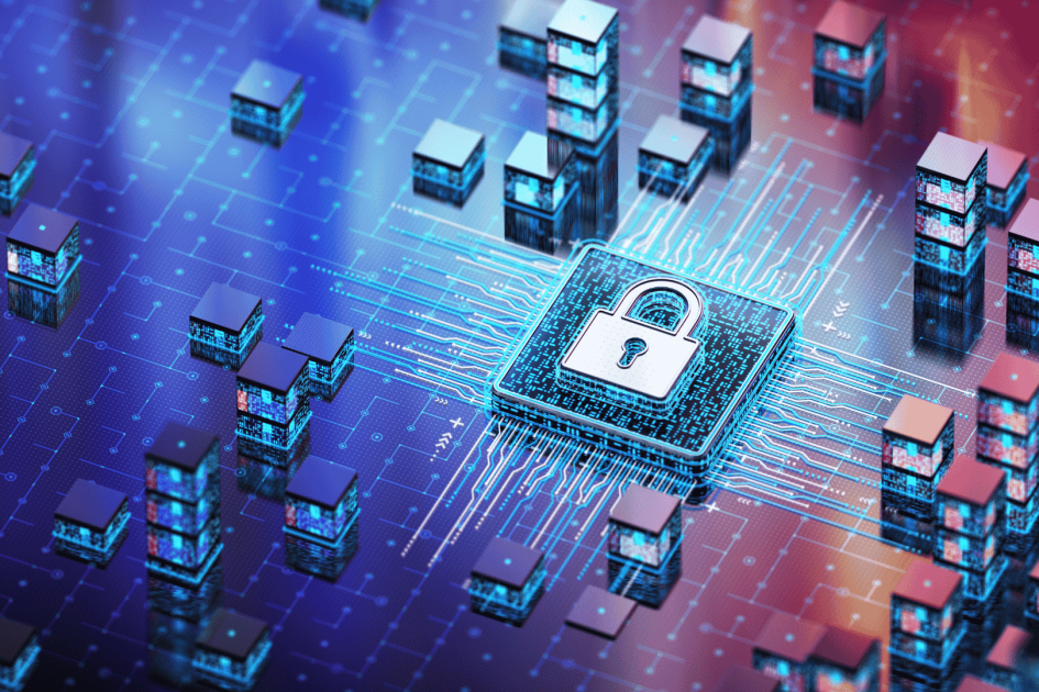 graficzne prostopadłościany w tym jeden z ikoną kłódki