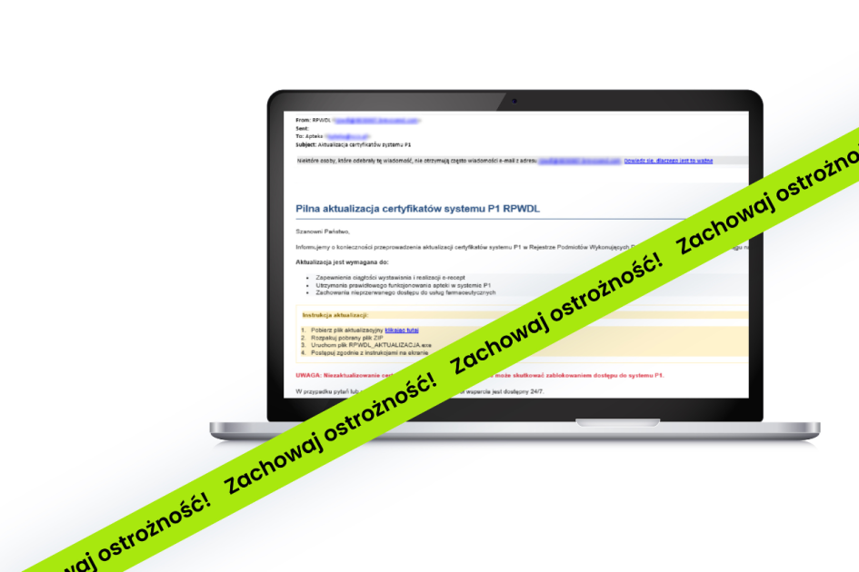 fałszywy email i taśma z napisem ostrzezenie