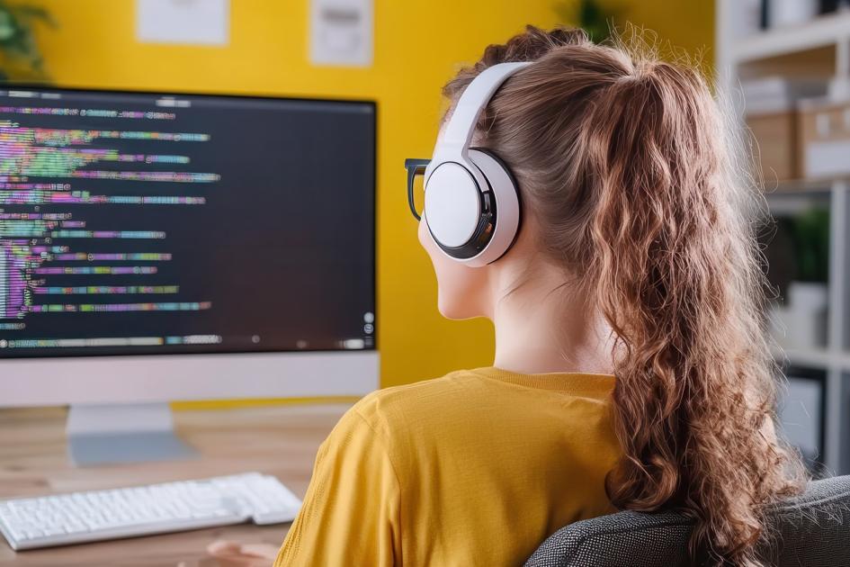 Kobieta ze słuchawkami przy komputerze