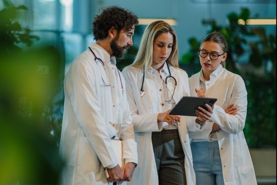 trzy osoby w kitlach lekarskich stoją i ze sobą rozmawiają