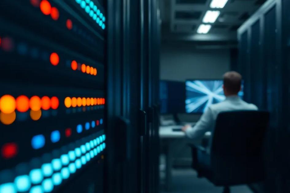 mężczyzna patrzący na monitor komputera w serwerowni