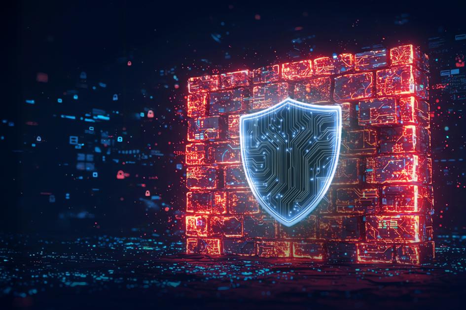 cyfrowa, niebieska tarcza na tle pomarańczowej cyfrowej ściany