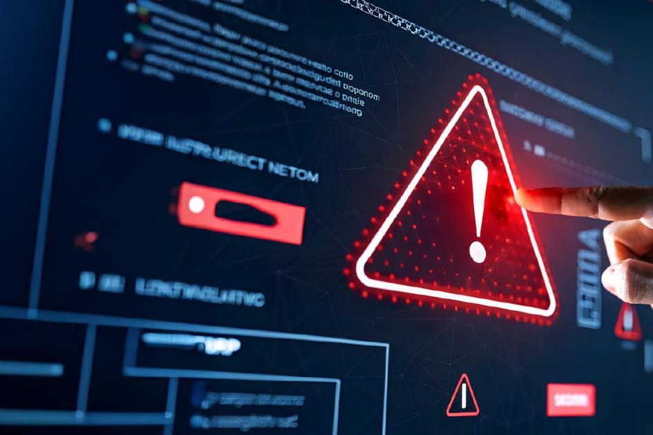 czerwony trójkąt z wykrzyknikiem w środku unosi się nad klawiaturą laptopa