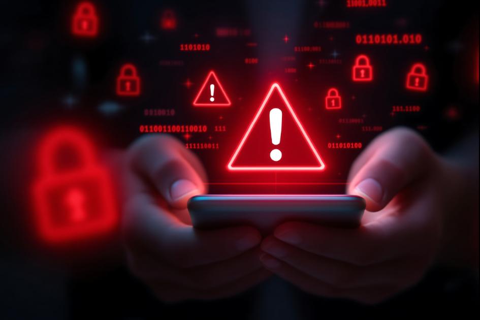 czerwony trójkąt z wykrzyknikiem w środku unosi się nad klawiaturą laptopa