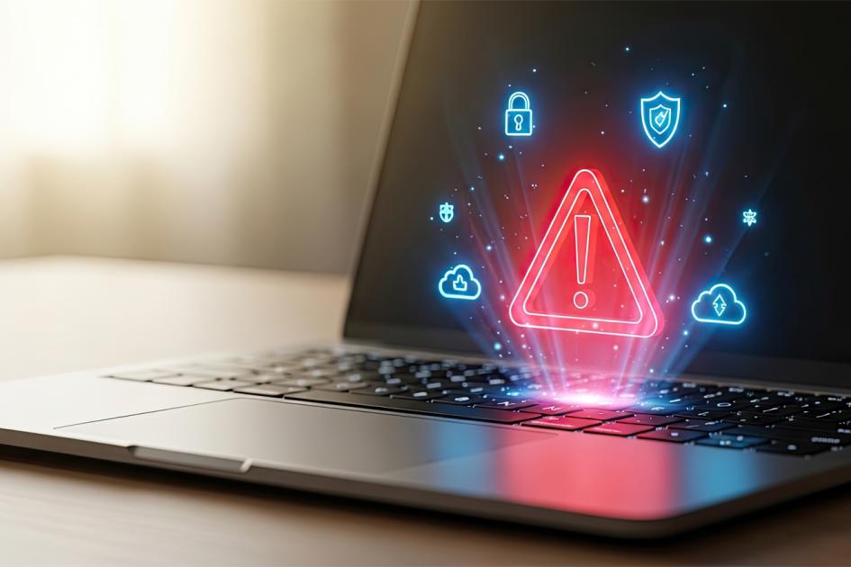 czerwony trójkąt z wykrzyknikiem unosi się nad klawiaturą laptopa