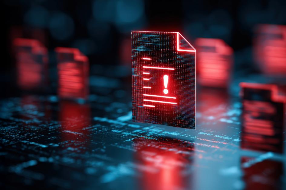 neonowa, czerwona ikona dokumentu z wykrzyknikiem na tle innych ikon dokumentów