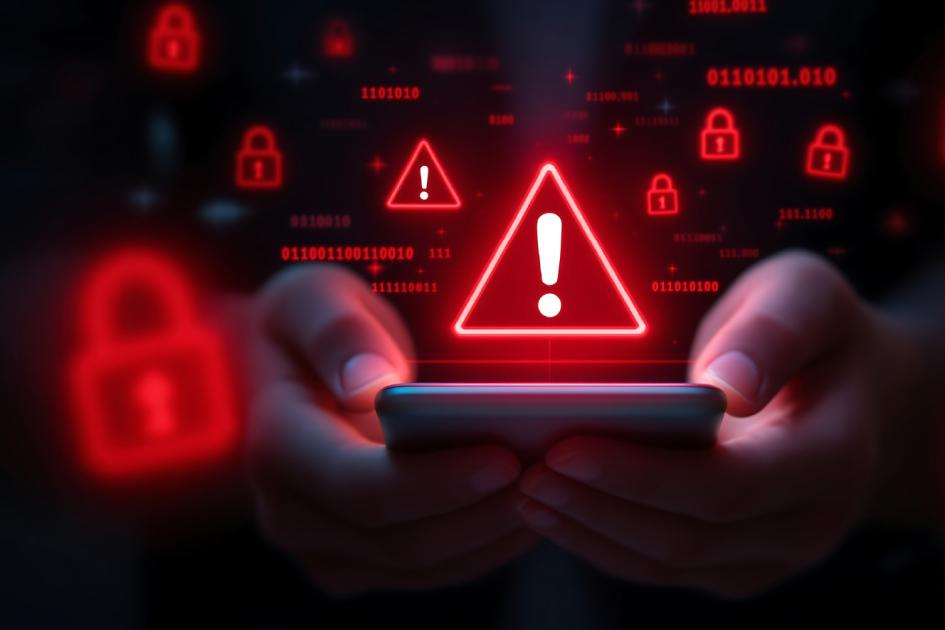 dłonie trzymają telefon nad którym unoszą się czerwone ikony trójkątów z wykrzyknikiem w środku