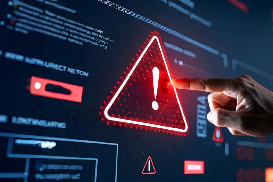 palec wskazuje ikonę trójkąta z wykrzyknikiem na monitorze