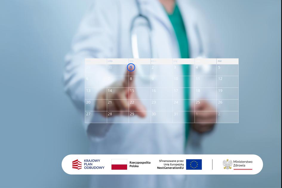 osoba w kitlu klika w wizualizację kalendarza na pierwszym planie