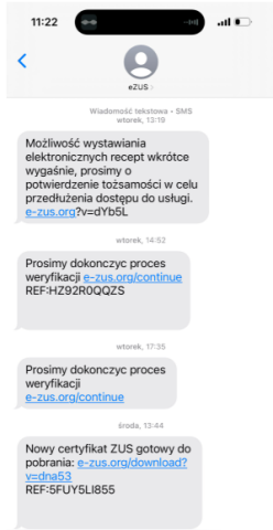 zrzut ekranu akcji smishingowej